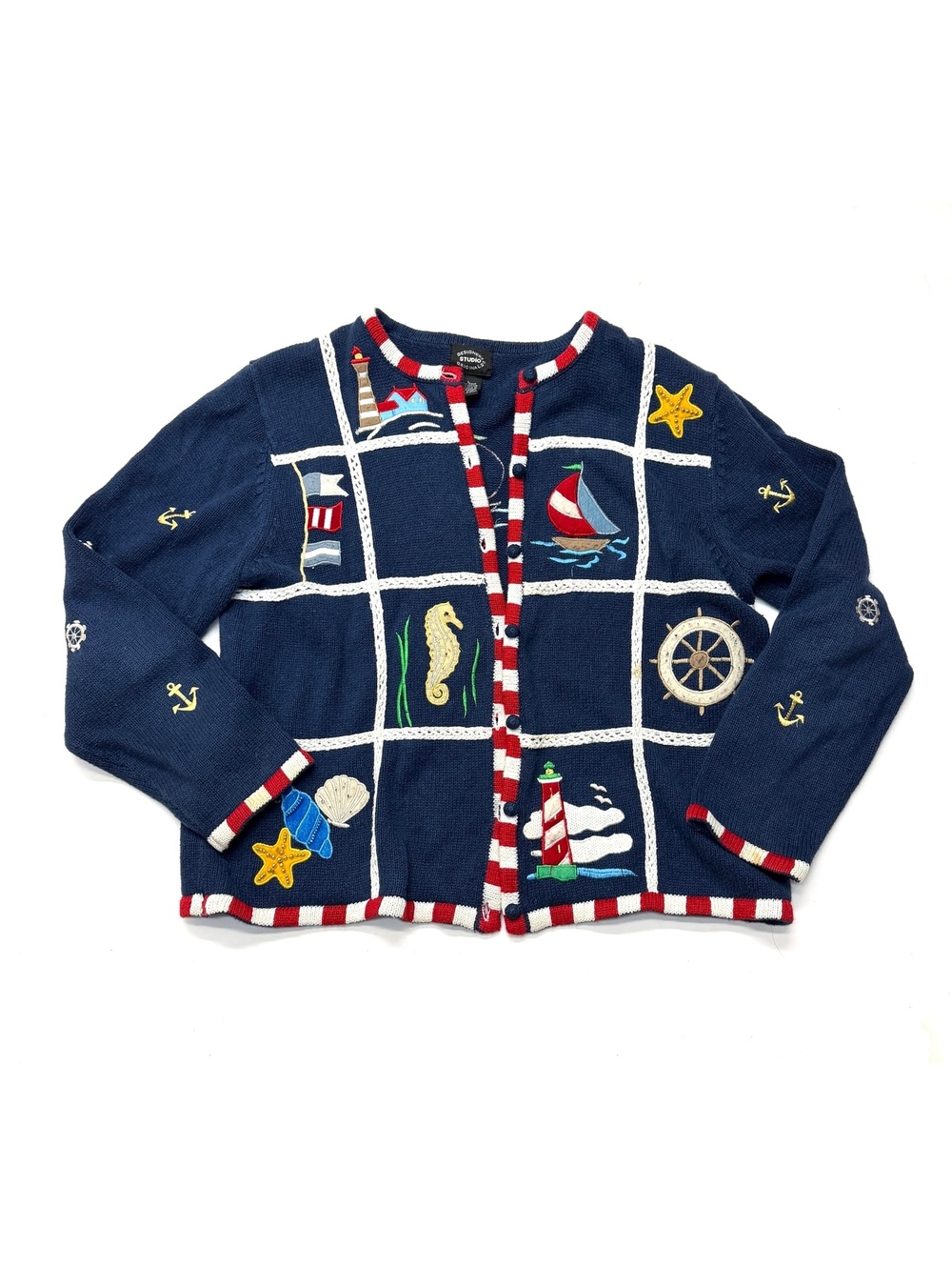 Vintage 90s Designers Studio Originals Nautical Navy Blue Tacky Cardigan Sweater